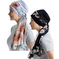 Bamboo Cotton Liner Chemo Headwear for Womenwith Silky Scarfs for Cancer Hair Loss Sleep Caps Beanie, Black+gray, One Size