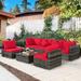 Latitude Run® Amarjeet 7 Piece Rattan Sectional Seating Group w/ Cushions Synthetic Wicker/All - Weather Wicker/Wicker/Rattan in Red | Outdoor Furniture | Wayfair