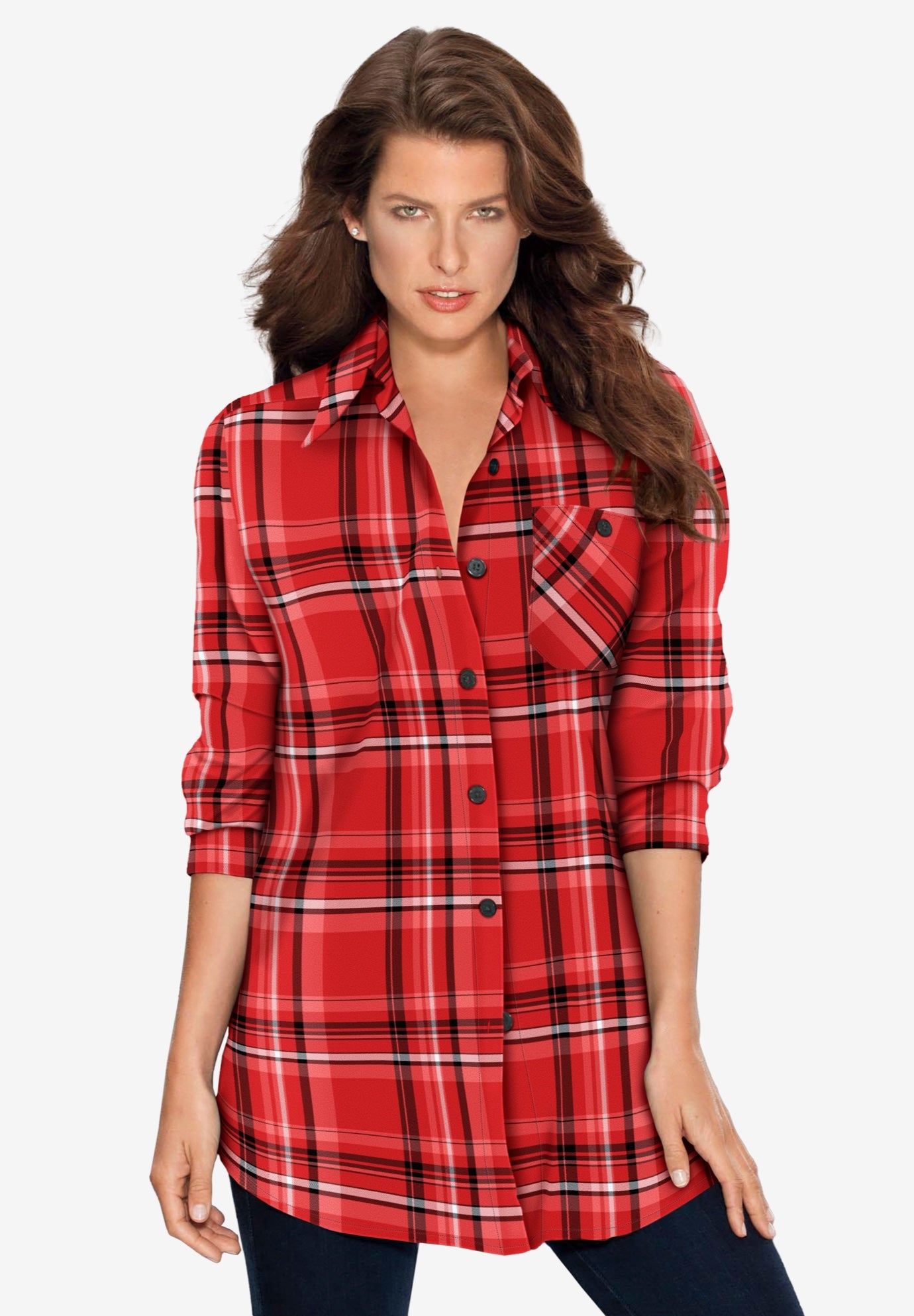 Plus Size Women's Plaid Flannel Tunic by Roaman's in Vivid Red Plaid (Size 32 W) Plaid Shirt