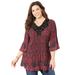 Plus Size Women's Velvet Trim Pleated Blouse by Catherines in Pink Black Paisley Print (Size 0X)