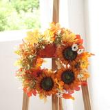 The Holiday Aisle® Ansuma 20" Handmade Maple Leaves & Sunflower Wreath For Fall & Winter Silk//Twig in Brown/Orange/Red | Wayfair