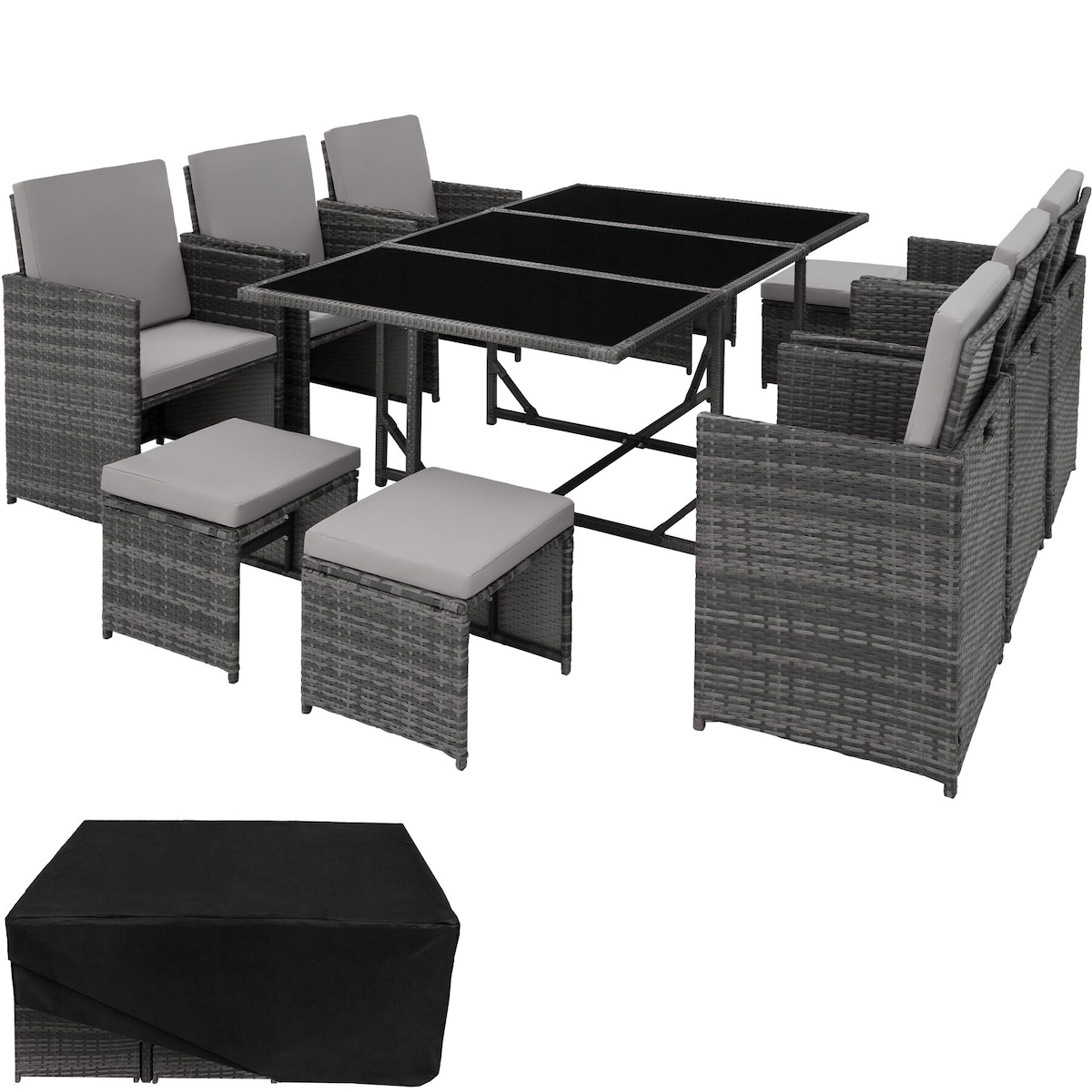TECTAKE 11 teilige Rattan Sitzgruppe Malaga, Polyethylen, Stahlgestell, mit Schutzhülle, 167x109,5x73 cm, grau Image