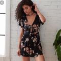 American Eagle Outfitters Dresses | Aeo Floral Front Tie Romper | Color: Black | Size: Xs