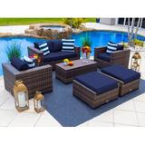 Latitude Run® Sorrento 6 Piece Rattan Sofa Seating Group w/ Cushions Synthetic Wicker/All - Weather Wicker/Wicker/Rattan in Blue | Outdoor Furniture | Wayfair