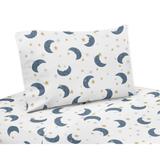 Moon and Star Collection 4-piece Queen Sheet Set - Navy Blue and Gold Watercolor Celestial Sky Gender Neutral Outer Space Galaxy