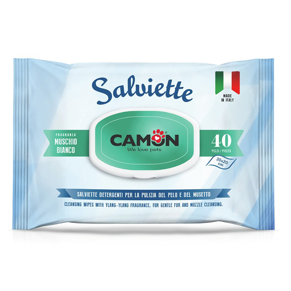 Salviette Camon Muschio Bianco per la cura del pelo di cani e gatti - Set %: 3 x 40 pz