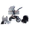 Pixini Neyla Kombi Kinderwagen mit Stoffwanne/Buggy/Wickeltasche/Getränkehalter/Regenplane/Mückennetz/Wickelauflage (3in1 Set mit Babyschale gold poliert/grau)