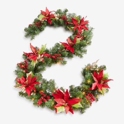Pre-Lit Poinsettia 9' Garland by BrylaneHome in Red 9 foot Garland Christmas Decoration