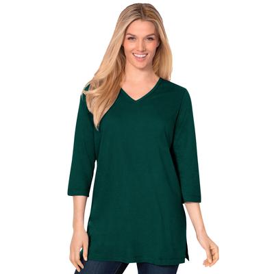Plus Size Women's Perfect Three-Quarter Sleeve V-Neck Tunic by Woman Within in Emerald Green (Size M)