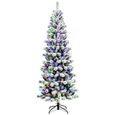 Costway 7.5 Feet Pre-Lit Hinged Christmas Tree Snow Flocked with 9 Modes Lights