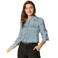 Allegra K Women's Satin Blouse Puff Sleeve Point Collar Vintage Button Up Shirt Tops Dusty Blue 8