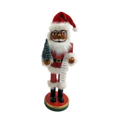 14 inch African American Santa with Tree and List Nutcracker - red