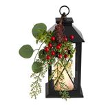 12" Holiday Berries and Greenery Metal Lantern Artificial Table Christmas Arrangement with LED Candle Included - As Pictured