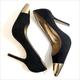 Jessica Simpson Shoes | Jessica Simpson Dazed Black Suede Slip On Pumps With Pointed Gold Tip Toe 6.5b | Color: Black/Gold | Size: 6.5