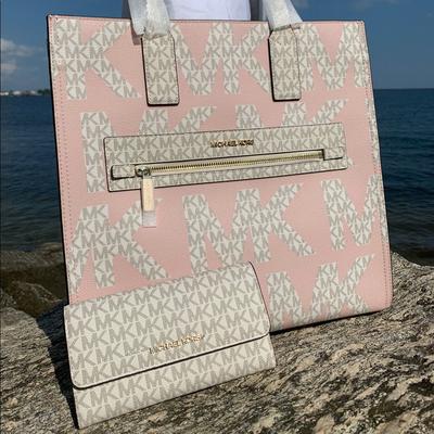 Michael Kors Bags | Michael Kors Kenly Graphic Lg Logo Bag Mk Vanilla+Jet Set Travel Trifold Wallet | Color: Pink/White | Size: Large