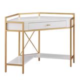 Claudette Mixed Metal and Wood Corner Computer Office Writing Desk with Drop Front Keyboard Drawer, White/Satin Gold - Leick Furniture 9230-WTGL