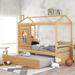 Twin Size House Bed Wood Bed with Twin Size Trundle, Roof and Window, Natural Wood