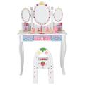 COSTWAY Kids Dressing Table and Stool Set, Girls Vanity Table with Tri-Folding Mirror, Drawers, Storage Boxes and Accessories, Cute Playroom Bedroom Furniture for Toddlers