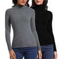 CARCOS Women 1/2 Pack Basic Ladies Turtle Neck Long Sleeved Stretch Plain Polo Top Womens Slim Fit T Shirt for Autumn Winter Gray, Black