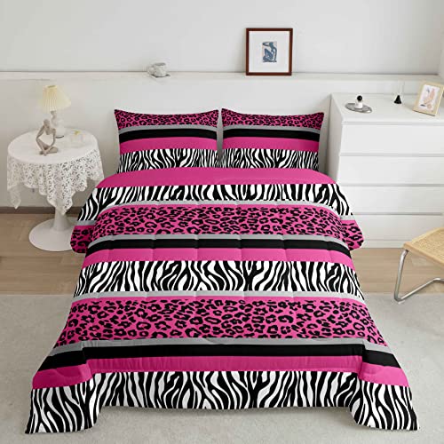 Zebra Stripes Leopard Duvet Set For Kids Boys Girls Pink Black White Zebra Leopard Fur Bedding Set Ultra Soft Wild Animal Skin Texture Down Comforter Single Size