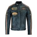 Gallanto Mens British Motorcycle Black Blue Tone Wax Leather Badges Jacket Biker Tan Green Striped (4XL)