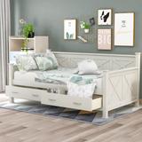 Twin Size Daybed with X-Shaped Frame and 2 Large Drawers, Rustic Casual Style Daybed, Cream