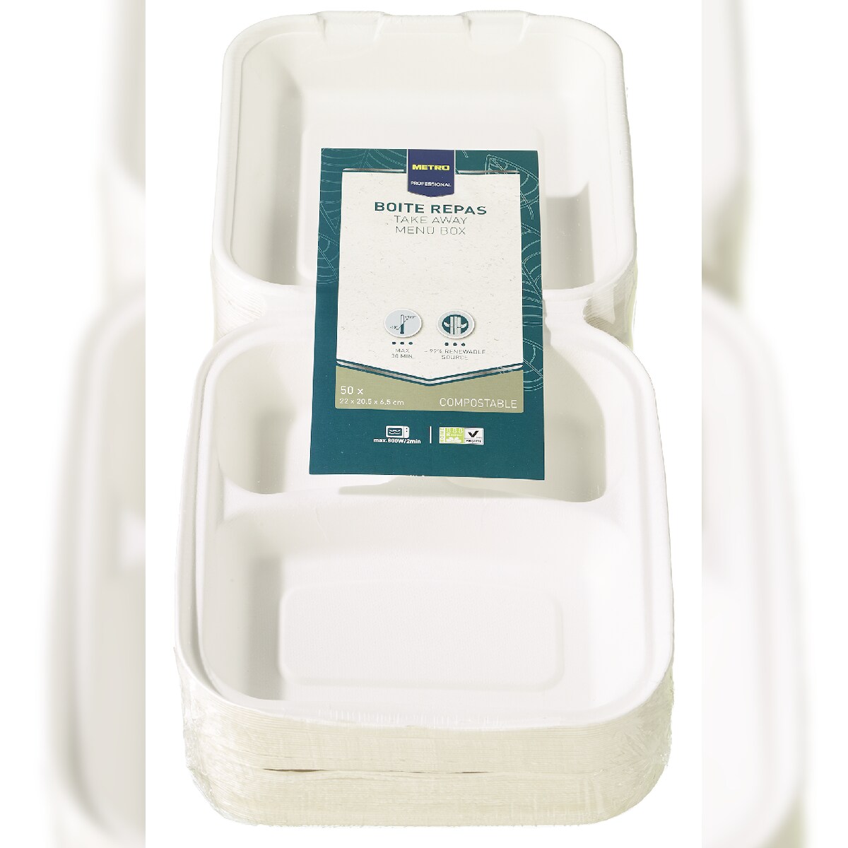 METRO Professional Menübox 3-geteilt, Bagasse, kompostierbar, 24 x 16.5 x 6.5 cm, Cremeweiß, 50 Stück Image