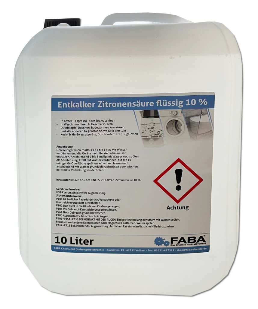 FABA Chemie Entkalker flüssig 10 Liter, vielseitig anwendbar, Kaffeevollautomat, Zitronensäure 10%