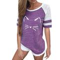 KUDICO Women's Stripe Blouse Cute Cat Print Color Block Short Sleeve T Shirt Casual Round Neck Tunic Tops(Purple,S)