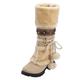 Aena Ray Women Retro Winter Long Boots Lady Warm Knee High Snow Boots Faux Fur Pompoms Lace-Up Round Toe Slip On Non-Slip Mid-Tube Bootie Shoes, Recommend Buying 1-2 Size Larger
