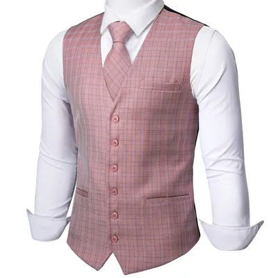 Barry.Wang – gilet à carreaux rose pour hommes col en v sur mesure 3 poches ensemble cravate