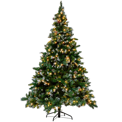 Weihnachtsbaum 210 cm Grün Kunststoff Metall mit Schnee bestreut inkl. LED Beleuchtung Metallständer mit Zapfen geschmüc