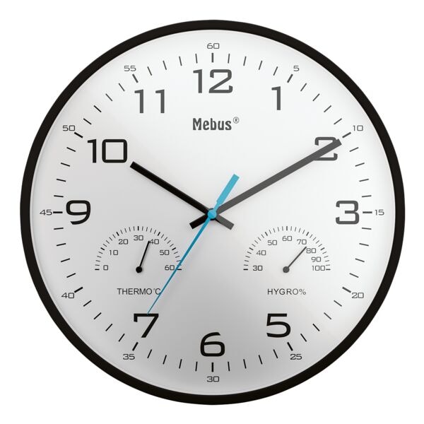 Mebus Quarz-Wanduhr mit Thermometer und Hygrometer 16180 Ø 30 cm schwarz schwarz, 30 cm Image