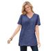 Plus Size Women's Perfect Printed Short-Sleeve Shirred V-Neck Tunic by Woman Within in Navy Offset Dot (Size 3X)