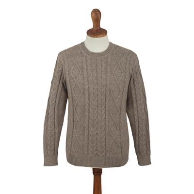 Mushroom Brown Geometry,'Men's Mushroom Brown 100% Alpaca Cable Knit Pullover Sweater'