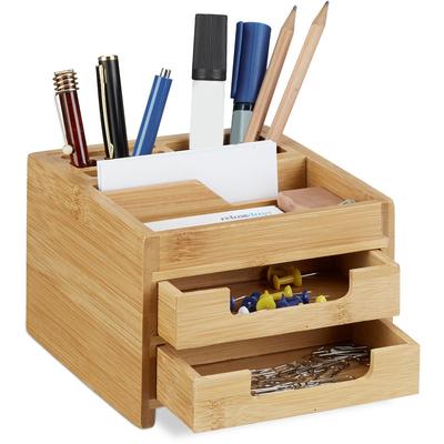 Schreibtisch Organizer Bambus, Stiftehalter Holz, Schreibtischbox Schubladen, HxBxT: 9,5 x 12,5 x