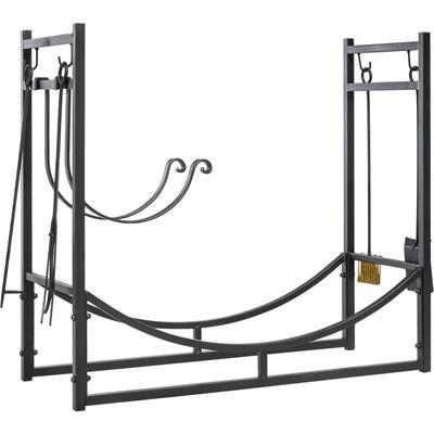 Kaminholzregal Holzständer Holzablage mit 4 Haken 2 Schichten Metall Schwarz 84 x 33 x 76 cm