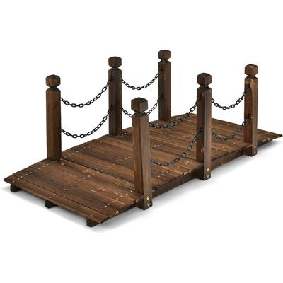 Goplus - Massive Holzbrücke, Teichbrücke mit Gelaender & Ketten, Gartenbrücke, Bogendesign, bis zu Image