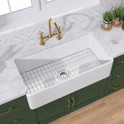 GETPRO Farmhouse Kitchen Sink w/ Sink Grid & Basket Strainer Fireclay in White | 10 H x 30 W in | Wayfair CY-G-FC3018