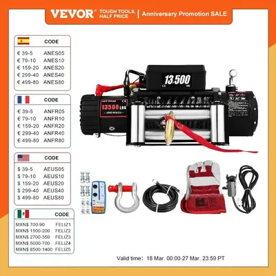 SucceBuy Treuil Electrique Sans Fils 12V 13500LBS/ 6150KG Corde Synthétique Moteur 6 5hp Vitesse