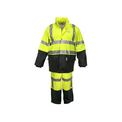MCR Safety Luminator Hi-Vis 2 Piece Hi Vis Reflective Rain Suit .40mm PU/Cotton Poly Blend Stretch ANSI 107 Type R Class 3 Fluorescent Lime L 5182SL