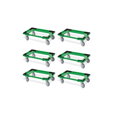 6 Transportroller für 600x400 mm Drehstapelbehälter, offen, gr. Gummiräder, grün