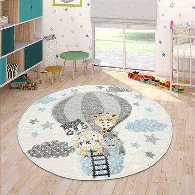 Nursery Rug for Kids Cute Animals on a Hot Air Balloon in Cream Blue