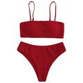 ZAFUL Bandeau Bikini Set Textured Removable Straps High Cut Bathing Suit, Red, Medium