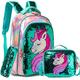HTgroce Kids School Unicorn Backpack,Children's Backpack Set for Teen Boys and Girls with Laptopm,Lunch Boxes and Pencil Case for Primary Junior Girls,Green 42cm