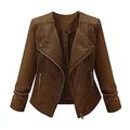 BUKINIE Womens Fashion Vintage Jacket Faux Suede Leather Long Sleeve Zipper Short Moto Biker Coat Cropped Outerwear Regular and Plus Sizes Brown