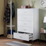 Contemporary Wooden Dresser Chest with 5 Drawers, Metal Leg White Storage Cabinet, Metal Drawer Handles Dresser Chest