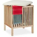 Panier à linge avec siège, Tabouret de salle de bain, rangement, 40l, bois/tissu, 51x41x41 cm,