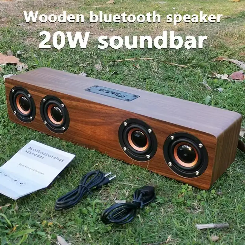 Haut-parleur Bluetooth en bois, caisson de basses Portable sans fil, horloge, boîte à son, ordinateur domestique, barre de son murale Echo, HiFi stéréo, disque TF AUX U
