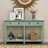 Rustic Brushed Texture Console Table with 4 Storage Drawers(with Rustic Modern Knobs) and 1 Bottom Shelf, Tiffany Blue